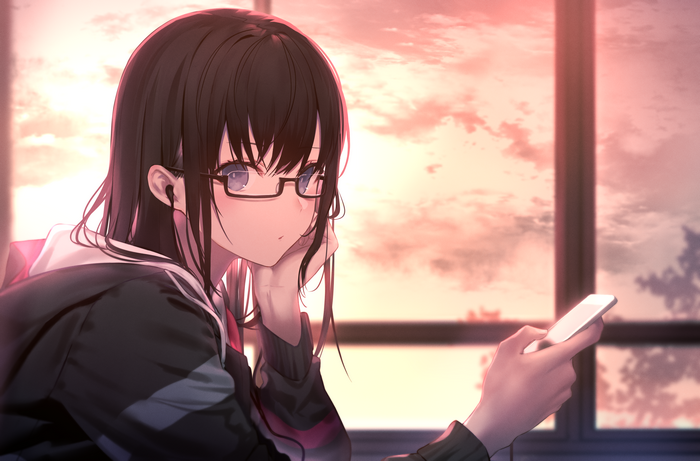Anime girl with glasses listening to music on smartphone