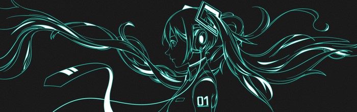 Hatsune Miku with glowing turquoise lines on black background