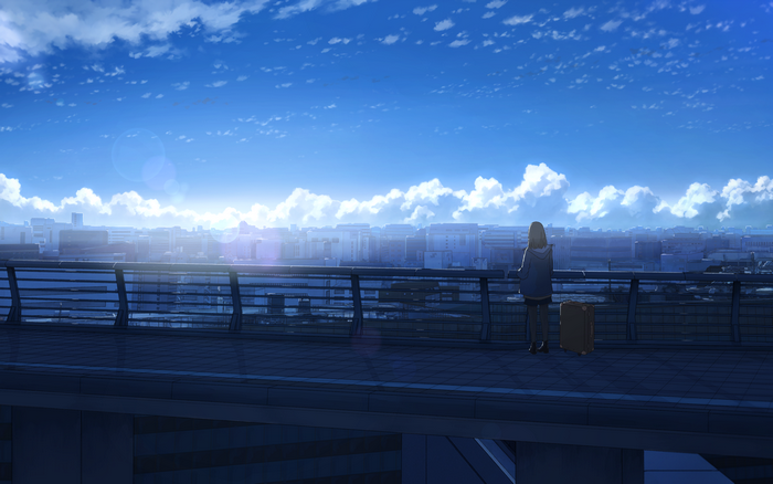 Anime girl with suitcase overlooking city skyline