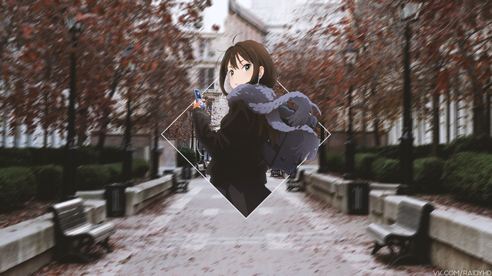 Anime girl with backpack and phone on street
