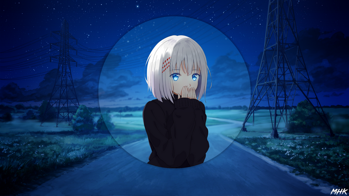 Anime girl with blue eyes at night