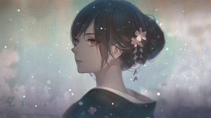 Anime girl with dark hair in Japanese clothes