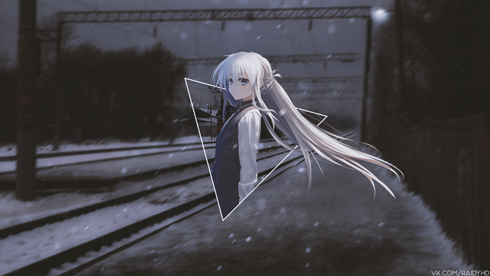 Anime girl with white hair on train tracks