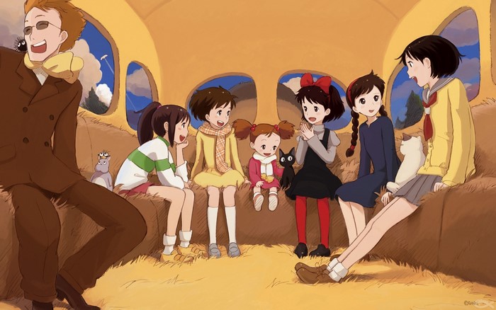 Studio Ghibli characters in a bus