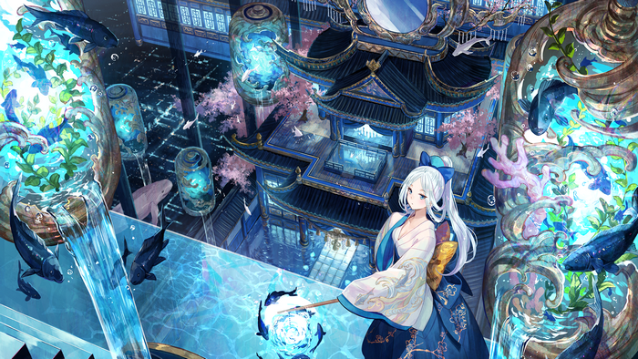 Anime girl with white hair and blue kimono in a fantasy Japanese garden with fish