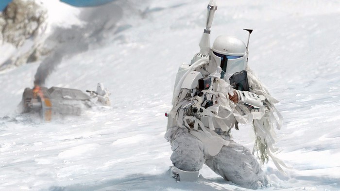 Boba Fett from Star Wars in a snowy landscape