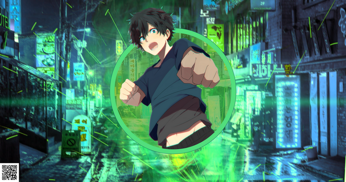 Izuku Midoriya from Boku no Hero Academia in a neon city