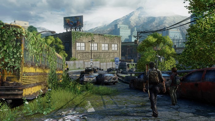 Joel and Ellie from The Last of Us in a ruined city