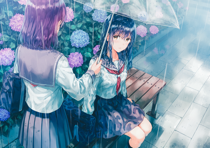 Two anime girls in sailor uniforms under an umbrella in the rain
