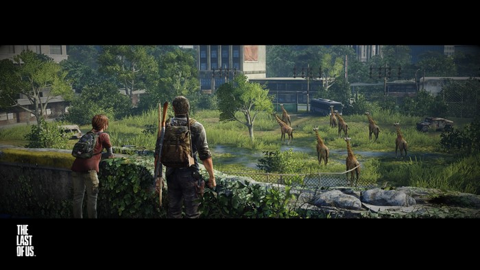 Joel and Ellie from The Last of Us with giraffes