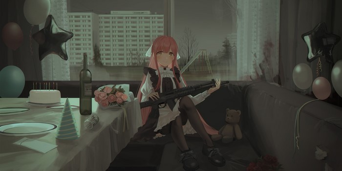 Anime girl with pink hair holding a shotgun at a party