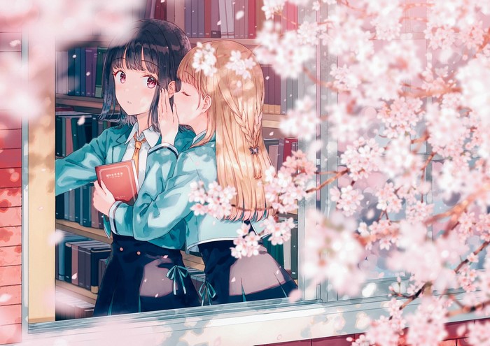 Hiten Anime Girls in Library with Cherry Blossoms
