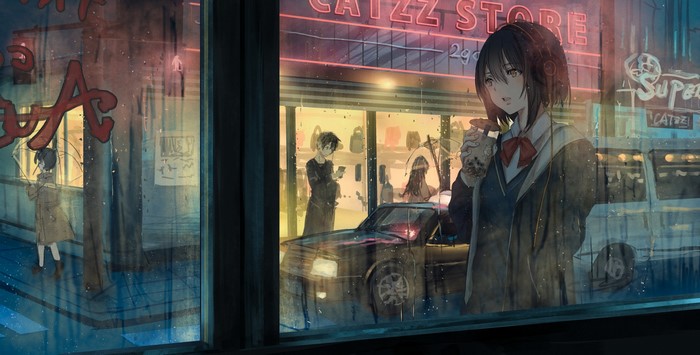 Anime girl with headphones in a rainy city at night