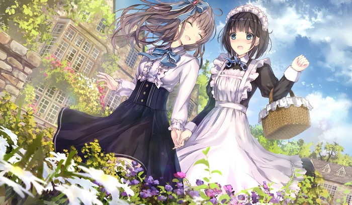 Two anime girls in a garden with a building
