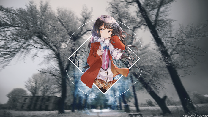 Anime girl in winter coat with geometric overlay