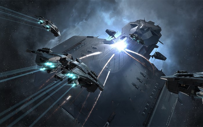 Spaceships in EVE Online during a space battle