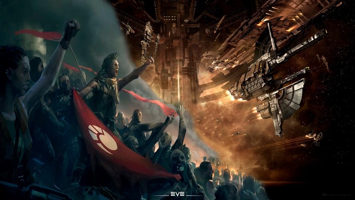 EVE Online crowd with spaceships and station