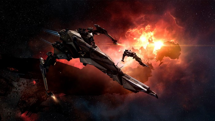 Caldari spaceship in EVE Online during an explosion