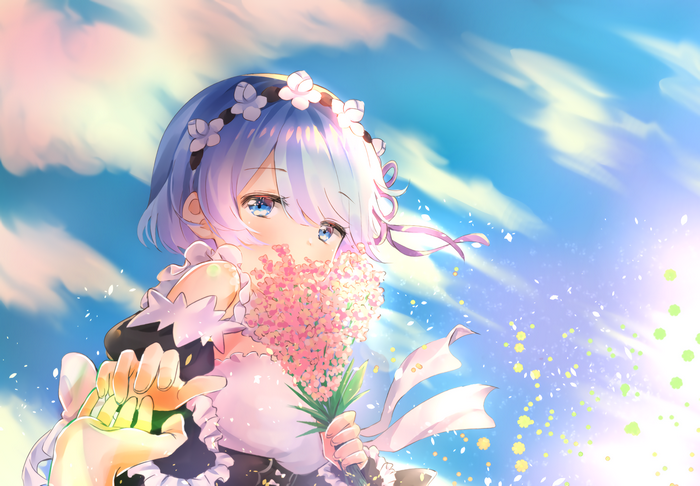 Rem from Re:Zero holding flowers under the sky