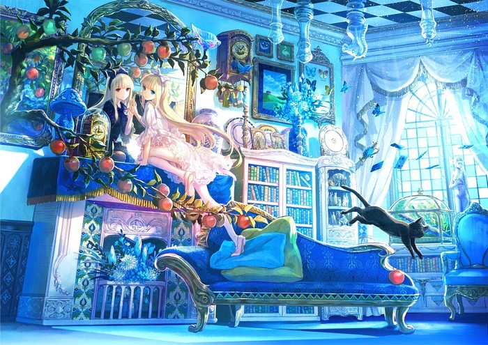 Anime girls and cat in a blue room with apples