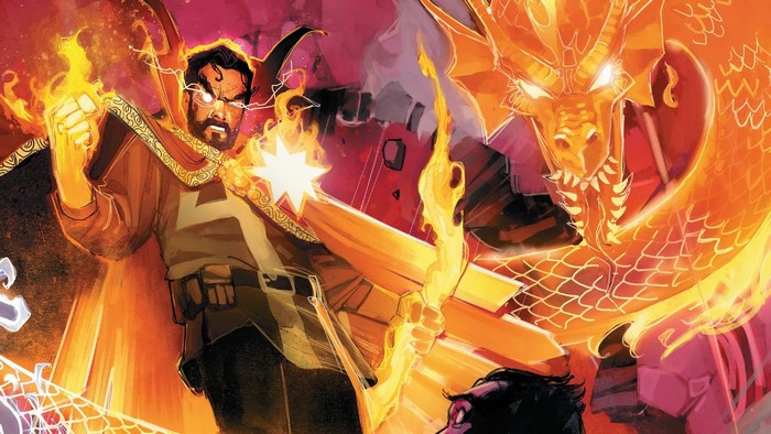 Doctor Strange from Marvel Comics fighting a dragon