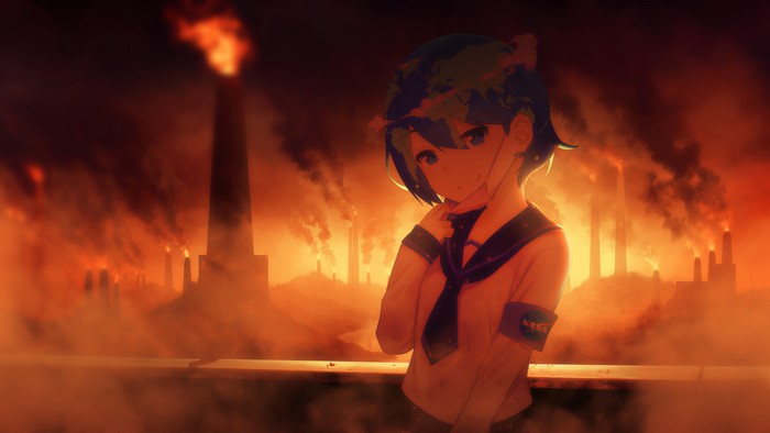 Earth-chan in front of industrial pollution