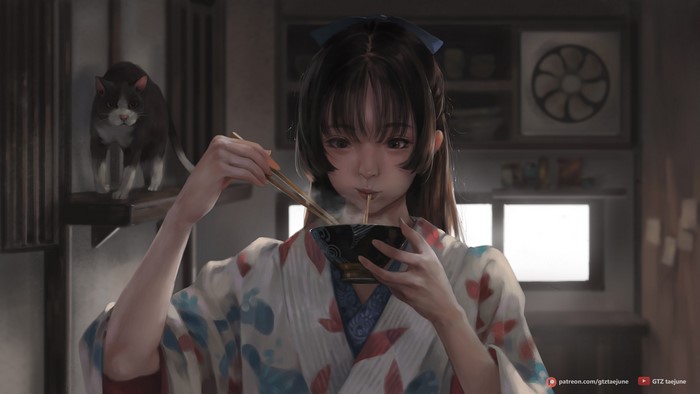 Anime girl in kimono eating noodles with cat
