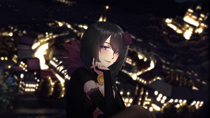 Anime girl with purple eyes and dark hair in a city at night