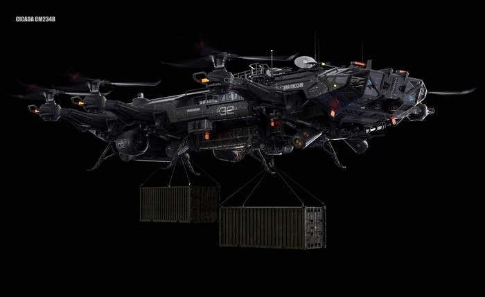 Futuristic drone CICADA CM234B carrying cargo