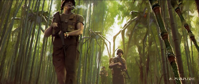 Soldiers in a bamboo forest with giant spiders, artwork