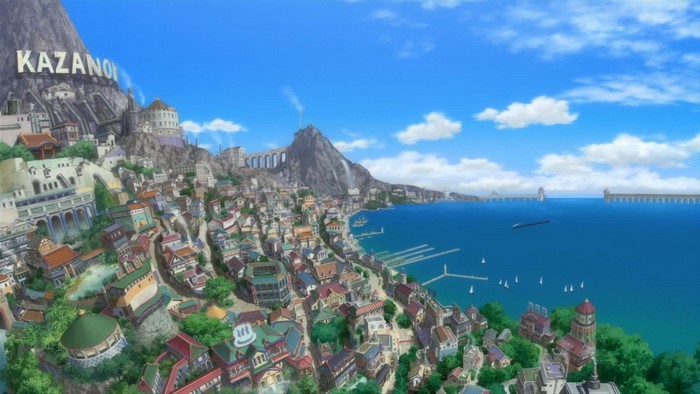 Anime cityscape of Kazano with a bay and mountains