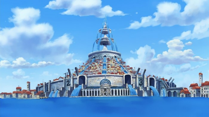 Anime fantasy city with waterfalls and buildings