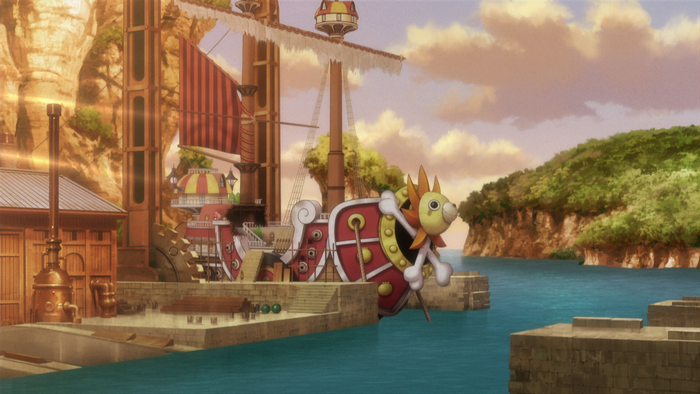 Sunny Go from One Piece docked at a port
