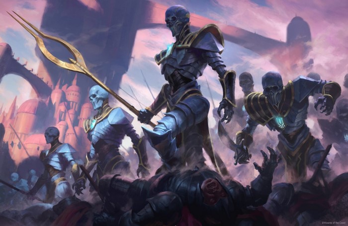 Skeleton army in blue armor marching through a city