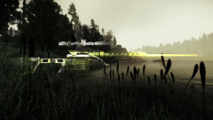 Sniper rifle in a foggy forest by a river
