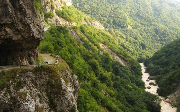 Mountain road with a river and forest