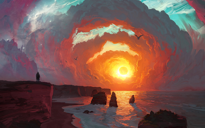 Solar eclipse over a rocky coastline with a lone figure