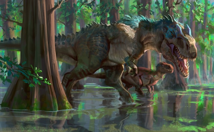 Dinosaurs in a swampy forest