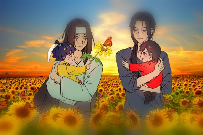 Two men holding babies in a sunflower field
