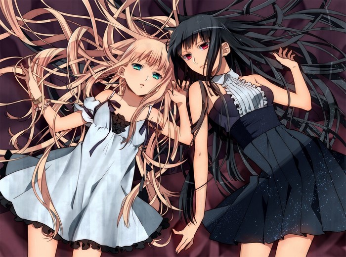 Two anime girls with long hair lying down