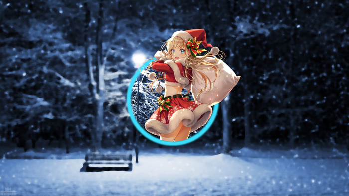 Anime girl in Christmas outfit with gift bag in winter forest