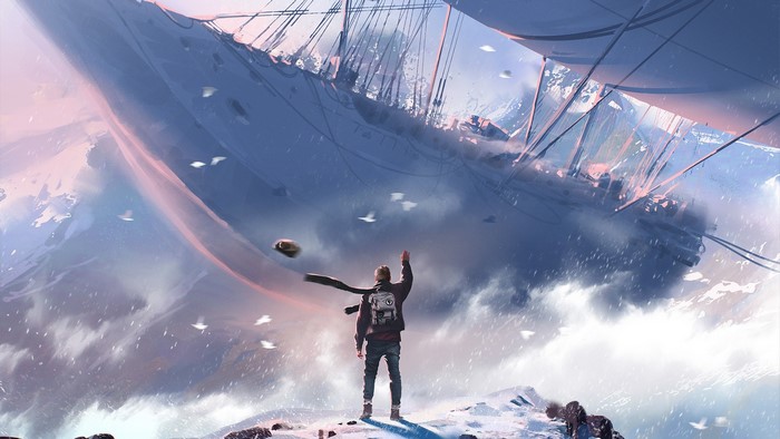 Person waving at a giant airship in a snowy landscape