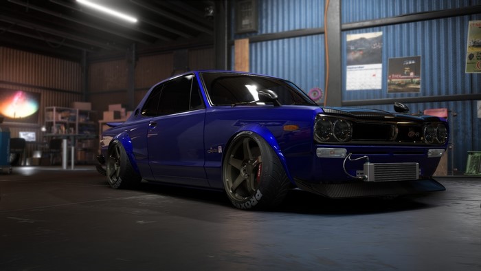 Blue Nissan Skyline GT-R in a garage