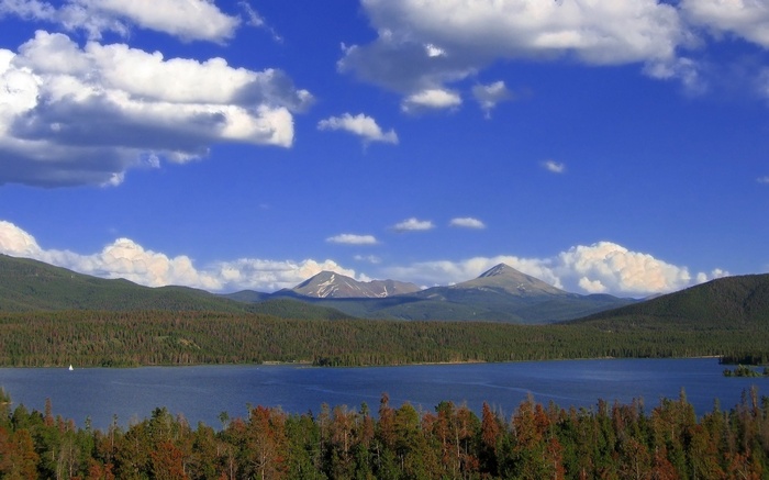 Lake and mountains under a blue sky with clouds