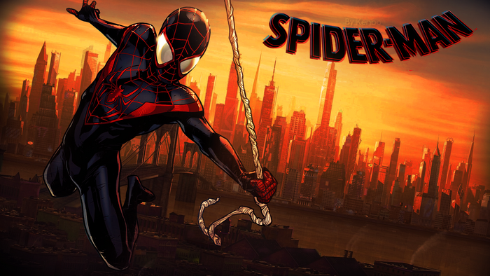 Miles Morales Spider-Man swinging over a city at sunset
