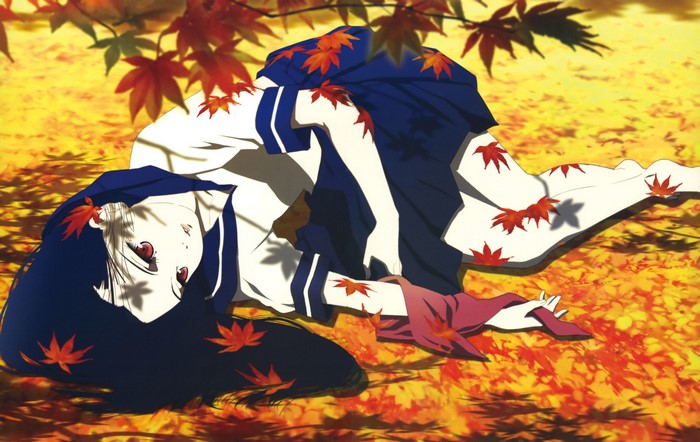 Enma Ai from Jigoku Shoujo lying in autumn leaves