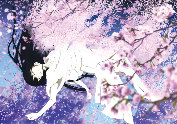 Enma Ai from Jigoku Shoujo falling through cherry blossoms