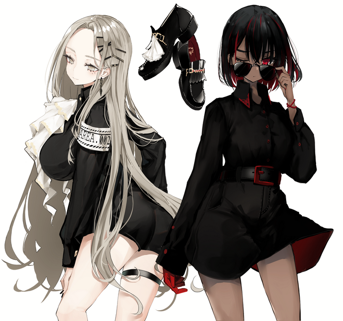 Two anime girls in black outfits with shoes