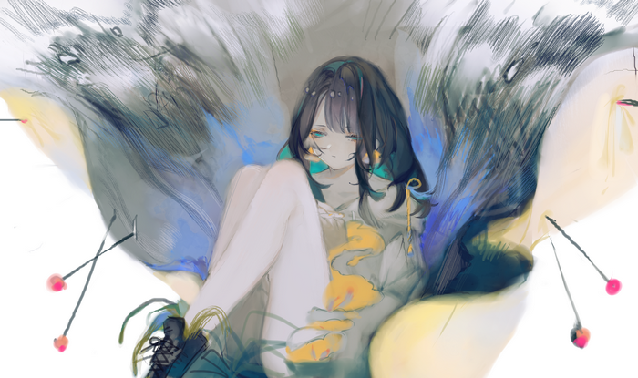 Anime girl with dark hair and blue eyes