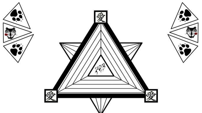 Wolf and paw prints in triangles with Japanese symbol